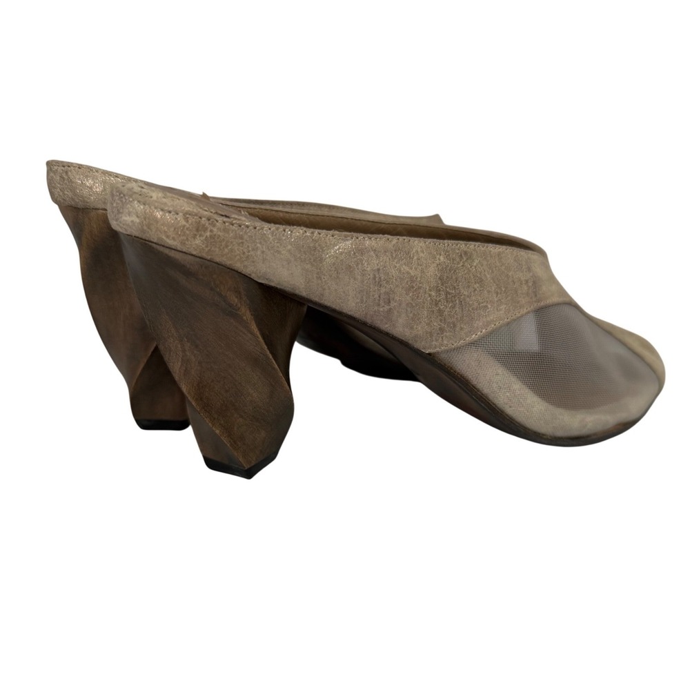 Salpy Mules Size 6 Champagne Gold Metallic‎ Leather Mesh Sculptural Wood Heel
